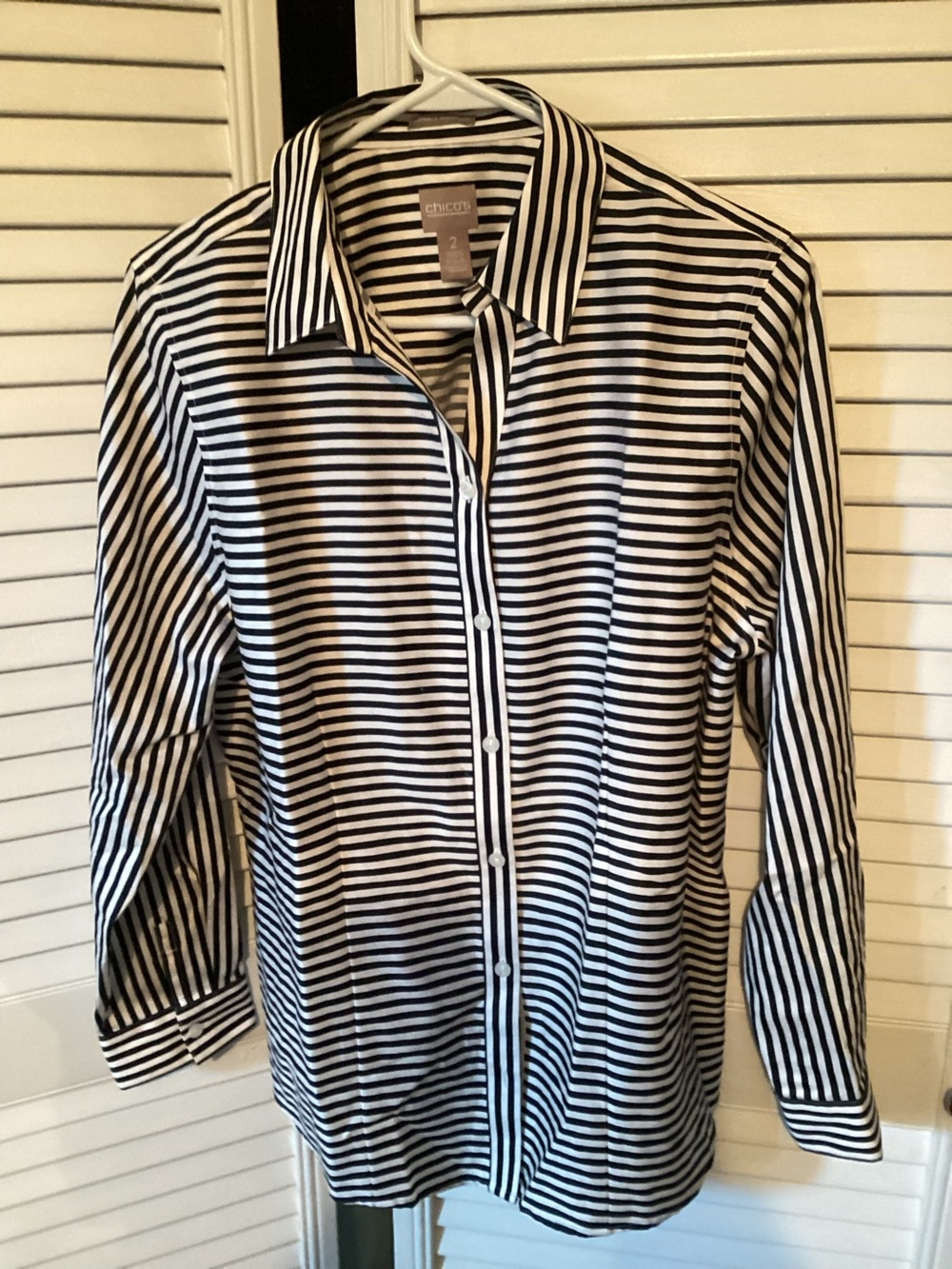 Chico’s ladies button down black and white stripe long sleeve shirt, size medium
